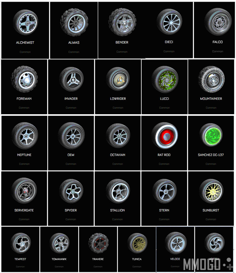 26 Common wheels in current version of Rocket League for all platforms.
